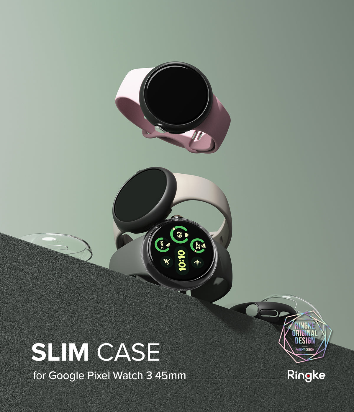 Google Pixel Watch 3 45mm | Slim - Three Google Pixel Watch 3 45mm units with slim protective cases floating above a dark ledge.