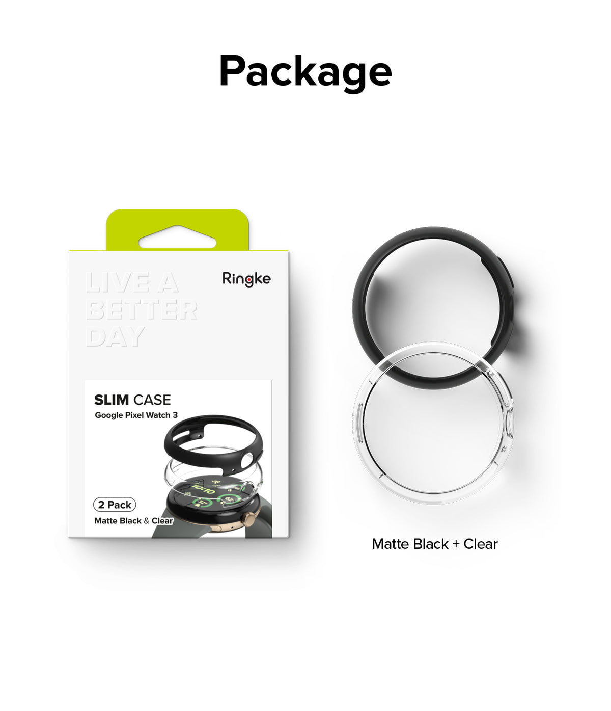 Google Pixel Watch 3 41mm | Slim - Ringke 2-pack slim watch cases in matte black and clear, shown in packaging and side-by-side.