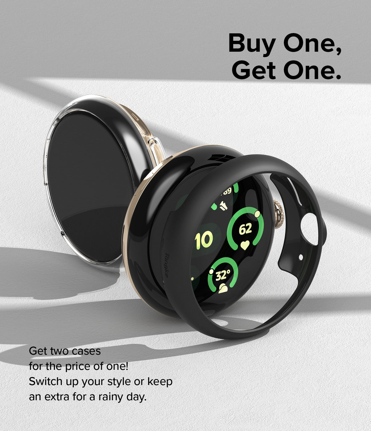 Google Pixel Watch 3 41mm | Slim - Two protective watch cases, one clear and one black, displayed with a smartwatch.