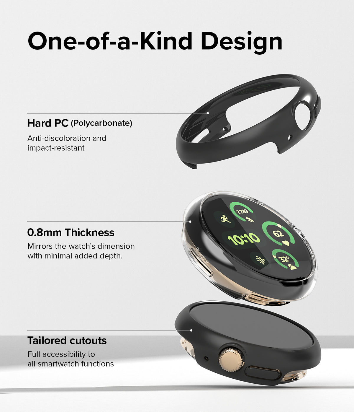 Google Pixel Watch 3 41mm | Slim - Exploded view of a slim, impact-resistant protective case for a Google Pixel Watch.