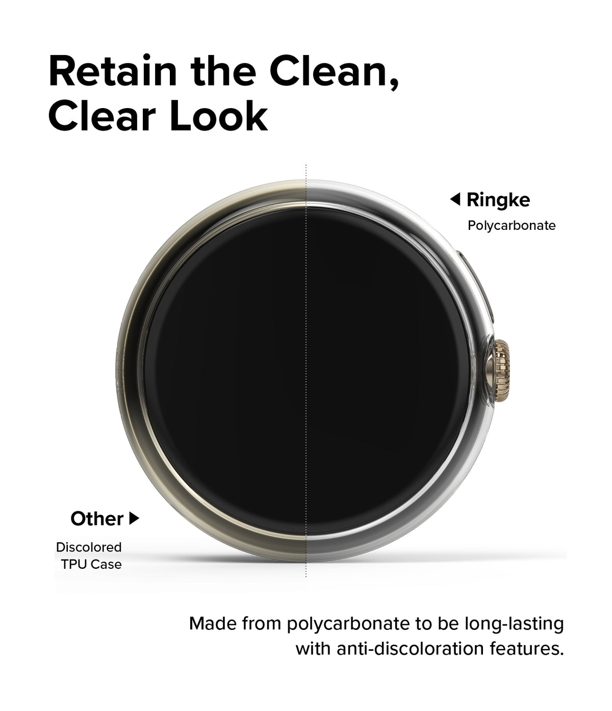 Google Pixel Watch 3 41mm | Slim - Comparison showing a clear Ringke polycarbonate case versus a yellowed TPU case.