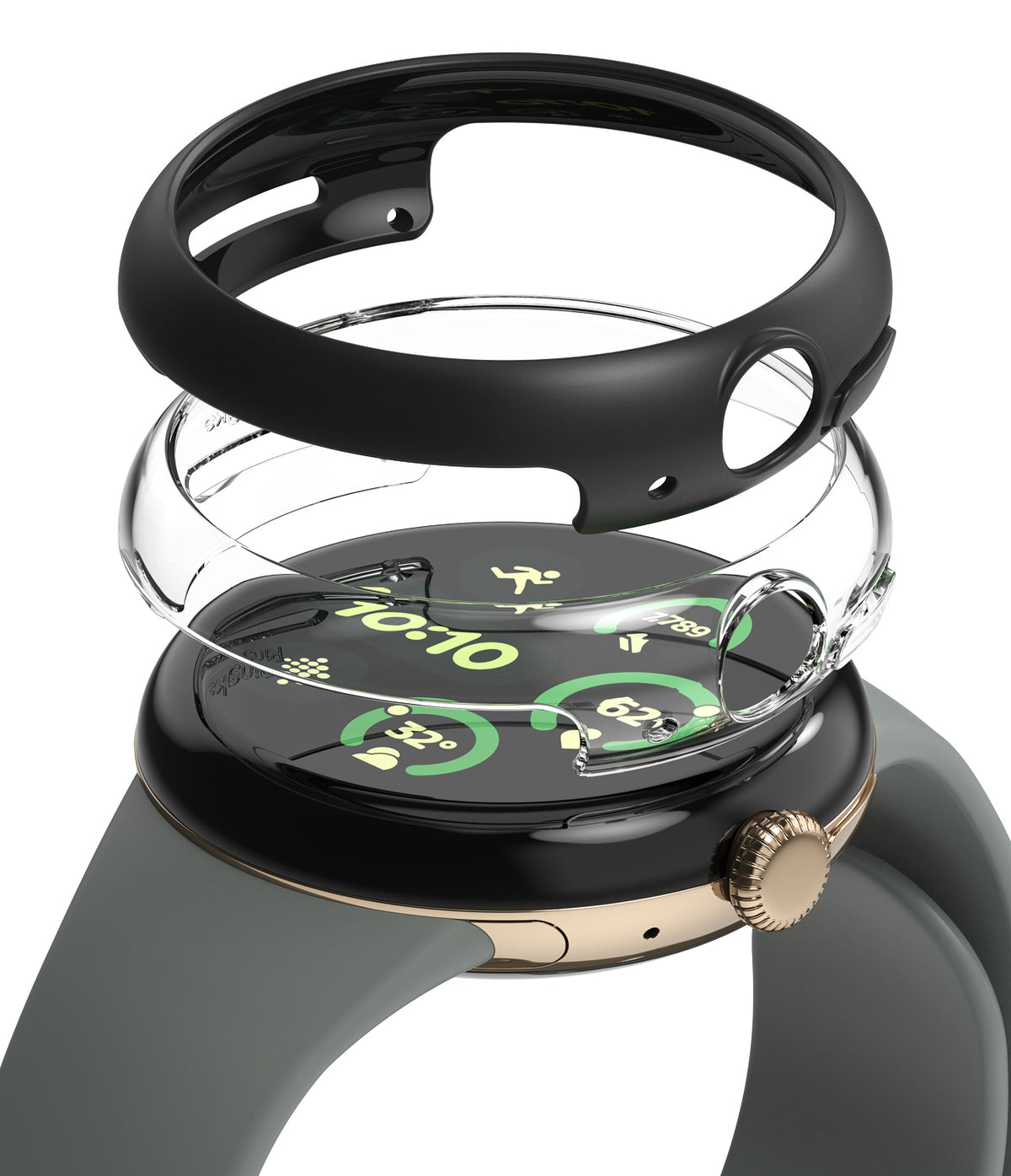Google Pixel Watch 3 41mm | Slim - Exploded view of a black and clear protective case hovering over a smartwatch.