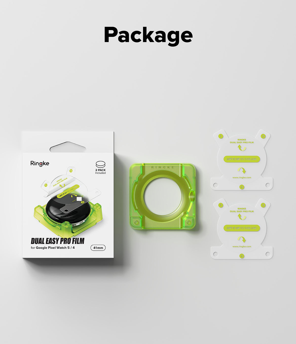 Pixel Watch 5 / 4 41mm Screen Protector | Dual Easy Film Pro (2P) - Ringke Dual Easy Pro Film packaging and two matching green transparent watch film pieces on a light gray background, with the word 'Package' above.