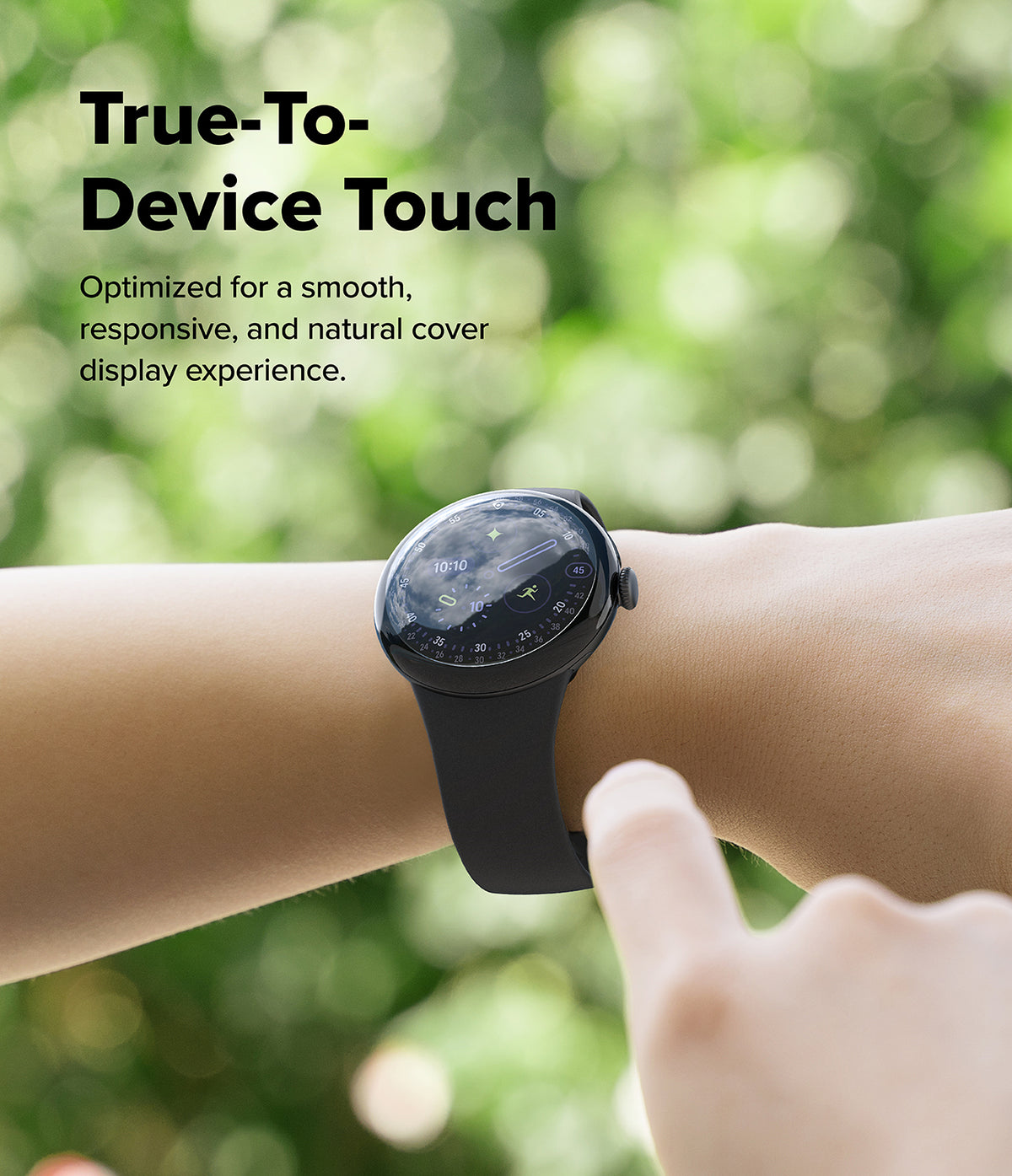Pixel Watch 5 / 4 41mm Screen Protector | Dual Easy Film Pro (2P) - A smartwatch with a black strap worn on a person's wrist, with a finger touching the screen. Large text at the top reads 'True-To-Device Touch' with smaller descriptive copy, set against a blurred green outdoor background.