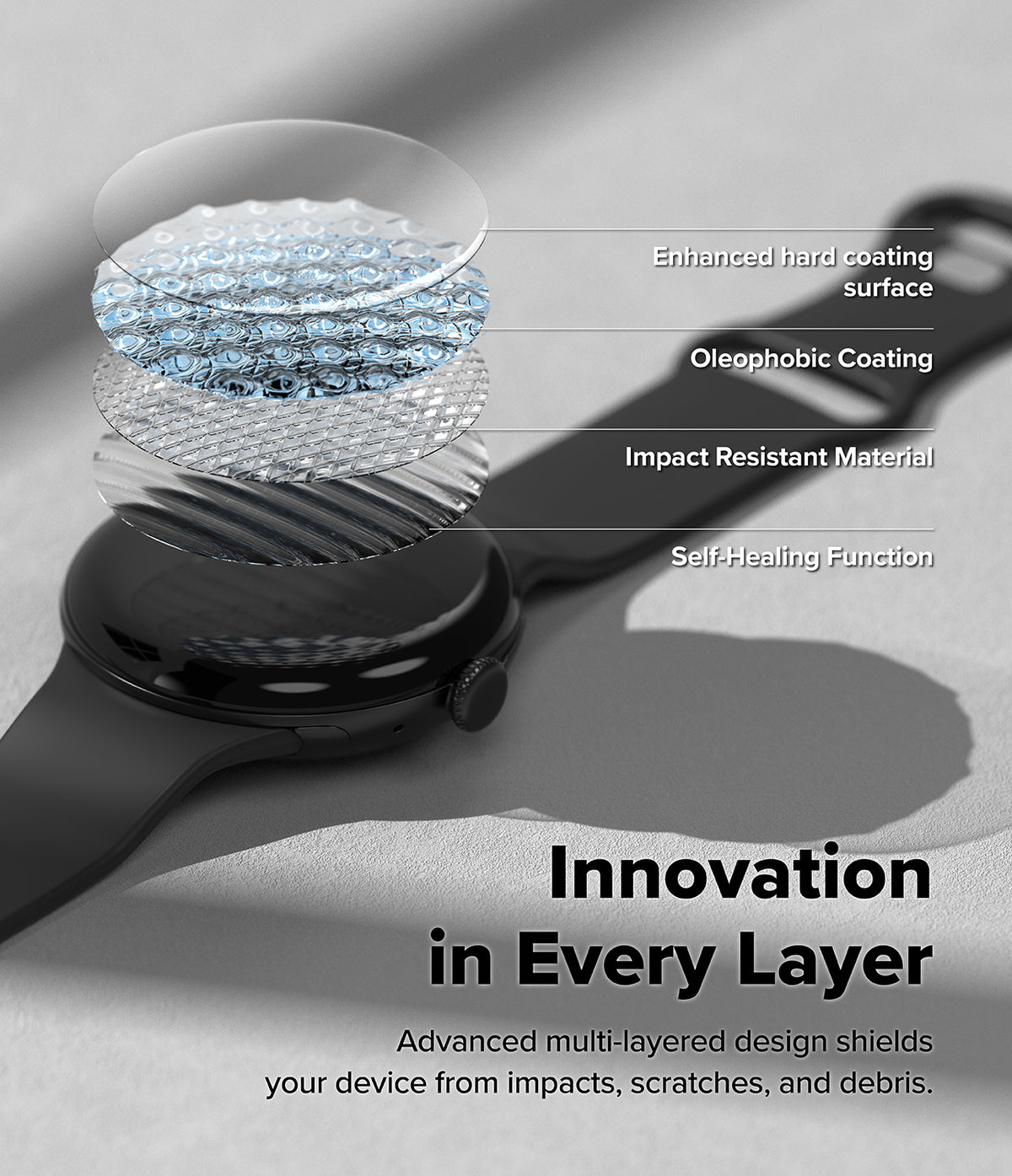 Pixel Watch 5 / 4 41mm Screen Protector | Dual Easy Film Pro (2P) - Black hairbrush with a transparent head showing multi-layered coating technology, labeled 'Compressed Multi-Layer' on a gray background.