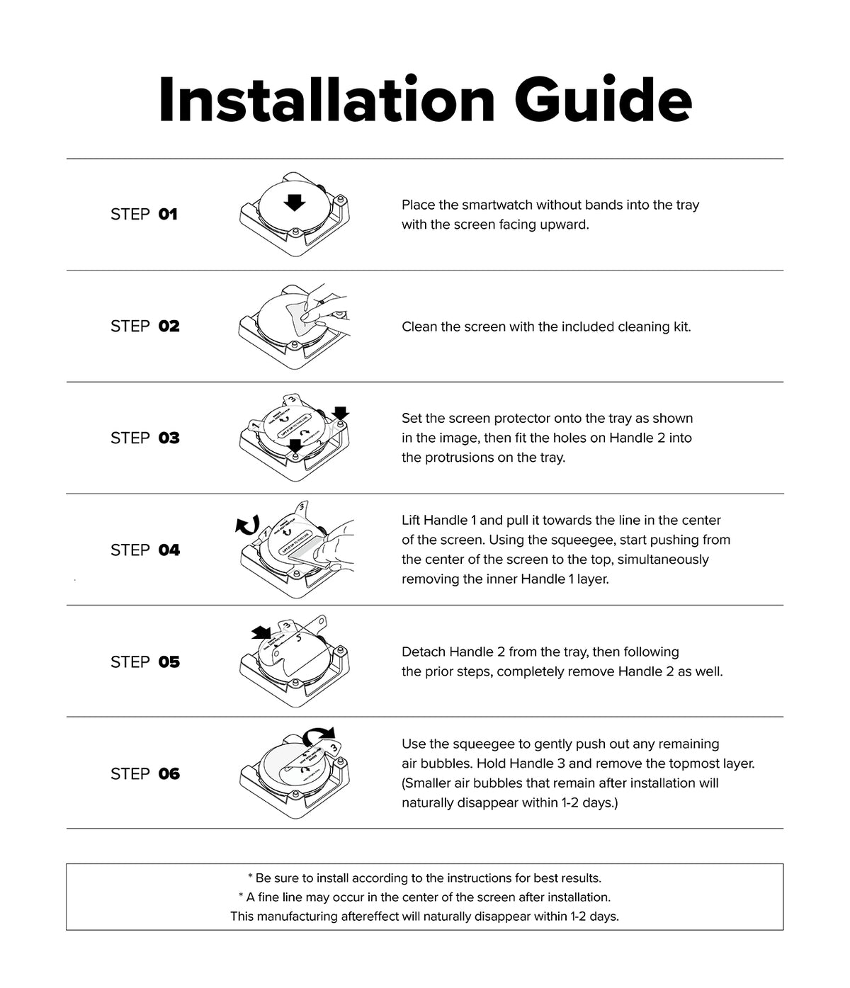 Pixel Watch 5 / 4 45mm Screen Protector | Dual Easy Film Pro (2P) - An installation guide sheet with six numbered steps showing how to place and install a smartwatch, including diagrams of the watch, screen protector, and tray, on a white background.