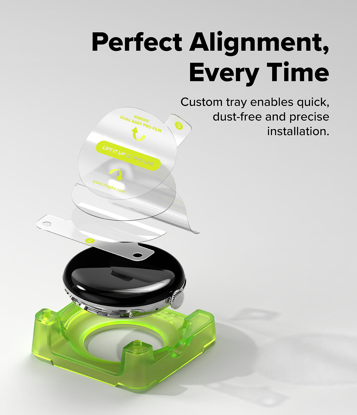 Pixel Watch 5 / 4 45mm Screen Protector | Dual Easy Film Pro (2P) - A smartwatch with a black bezel is shown with its replacement screen and mounting tray floating above it on a light gray background, accompanied by marketing text that reads 'Perfect Alignment, Every Time' and 'Custom tray enables quick, dust-free and precise installation.'.