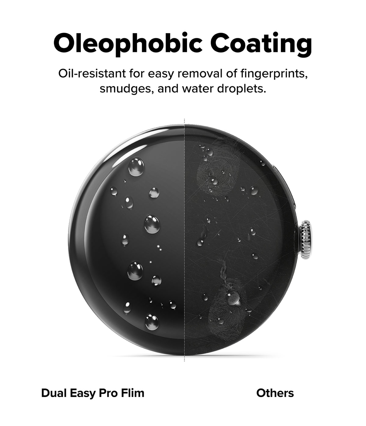 Pixel Watch 5 / 4 45mm Screen Protector | Dual Easy Film Pro (2P) - A promotional graphic for oleophobic coating on a round black product, showing water droplets easily rolling off one half while staying on the other half. Text reads 'Oleophobic Coating' and 'Oil-resistant for easy removal of fingerprints, smudges, and water droplets.