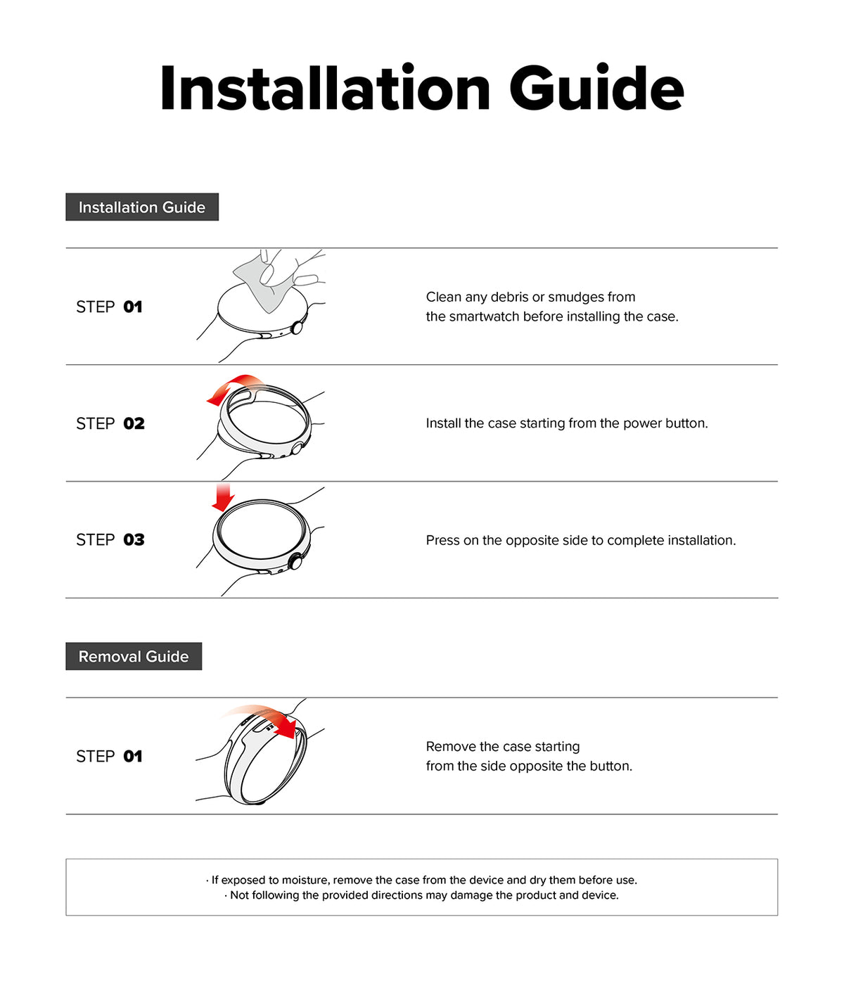 Pixel Watch 5 / 4 41mm | Slim (2P) - An installation and removal guide diagram for a smartwatch case, showing step-by-step instructions with line drawings and text on a white background.