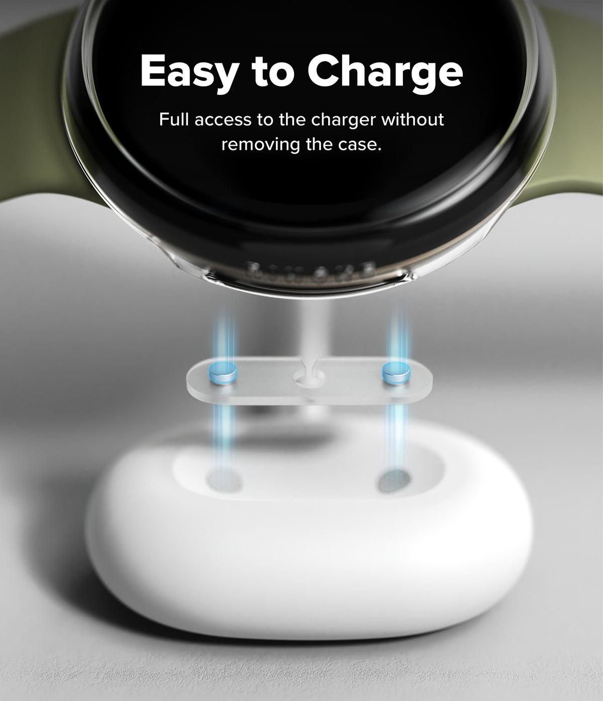 Pixel Watch 5 / 4 41mm | Slim (2P) - A close-up promotional render of a smartwatch charging dock setup. The top half shows a black watch face with the text 'Easy to Charge' and 'Full access to the charger without removing the case.