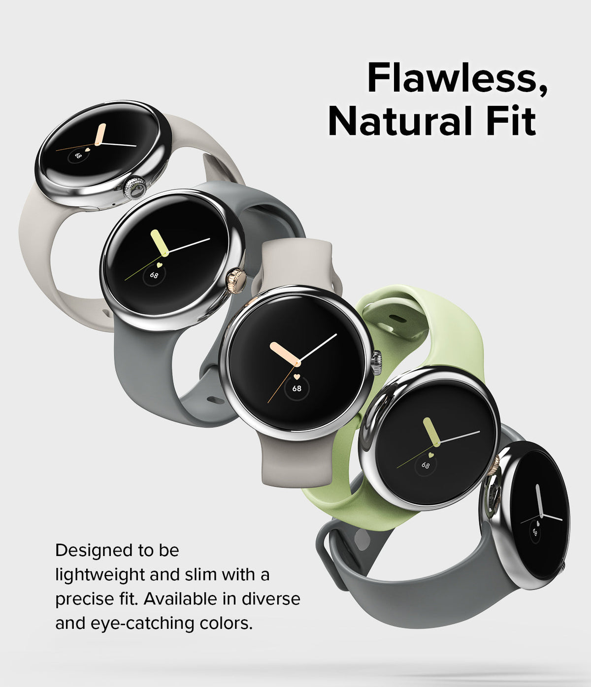 Google Pixel Watch 41mm | Bezel Styling - Five Google Pixel Watches in various band colors arranged diagonally.
