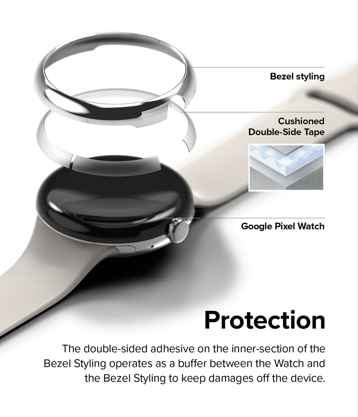 Google Pixel Watch 41mm | Bezel Styling - Exploded view of a watch bezel, adhesive layer, and Google Pixel Watch.