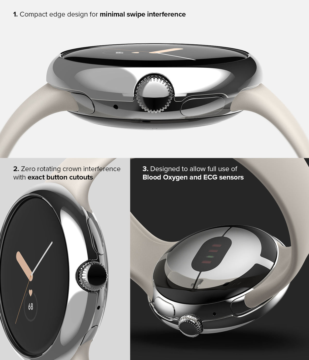 Google Pixel Watch 41mm | Bezel Styling - Three views of a chrome watch bezel highlighting button access and sensors.