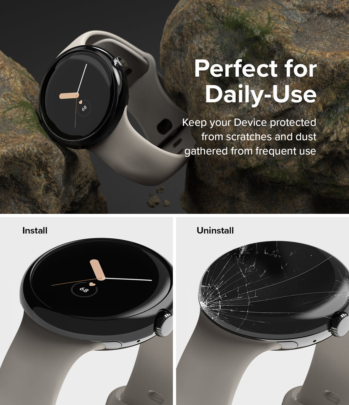 Google Pixel Watch 41mm | Bezel Styling - A watch with a protective bezel, shown installed and uninstalled on a rock.