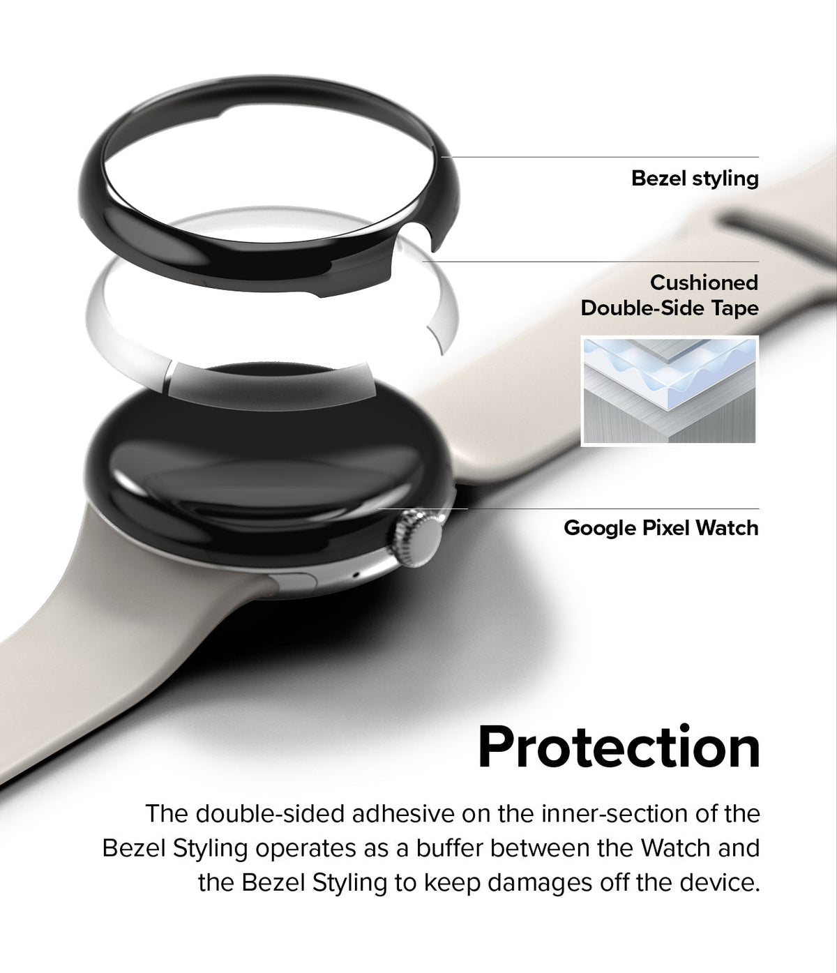 Google Pixel Watch 41mm | Bezel Styling - Exploded view of a watch bezel, adhesive tape, and Google Pixel Watch.