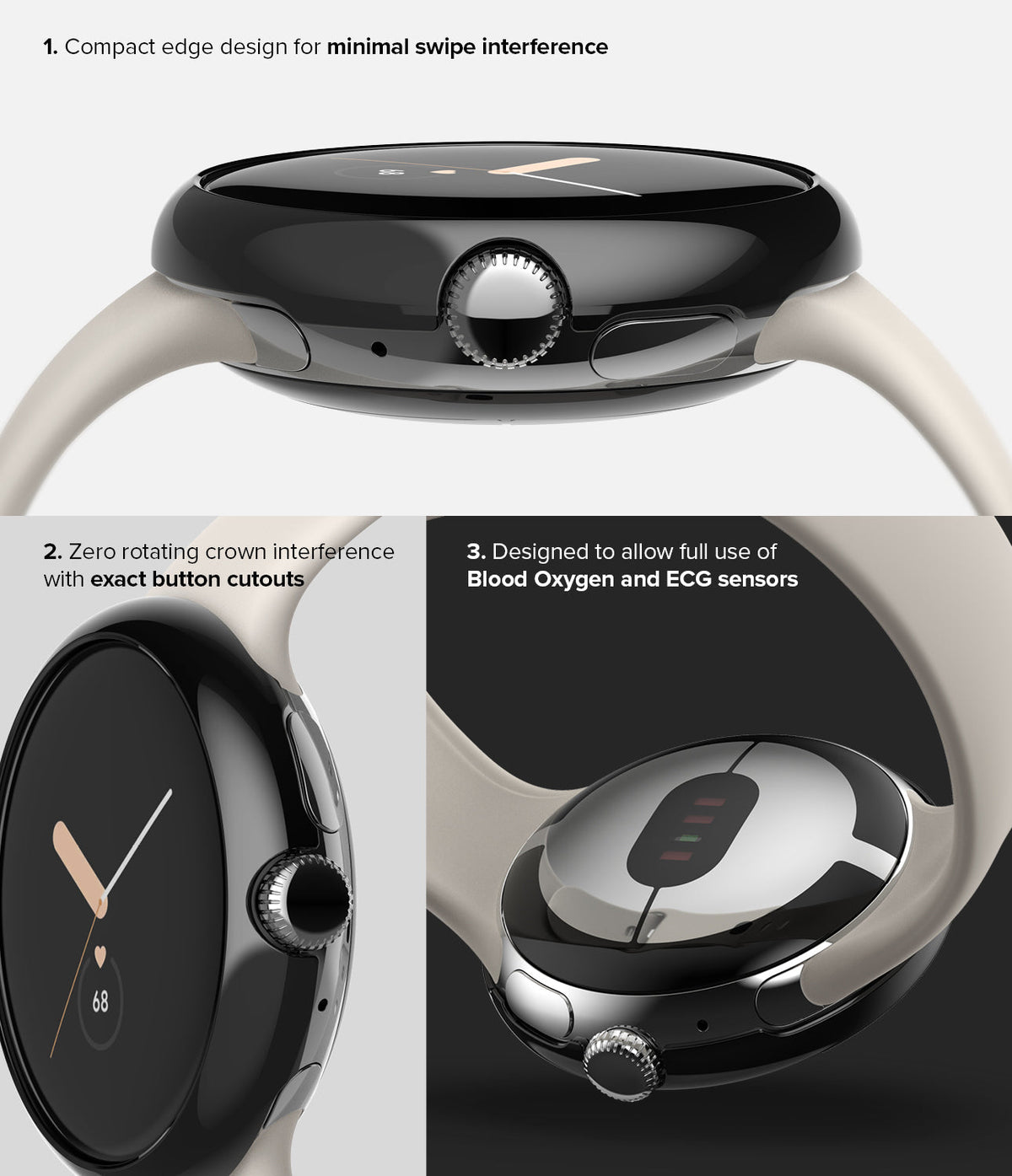 Google Pixel Watch 41mm | Bezel Styling - Close-up views of a watch bezel highlighting crown access and sensor clearance.