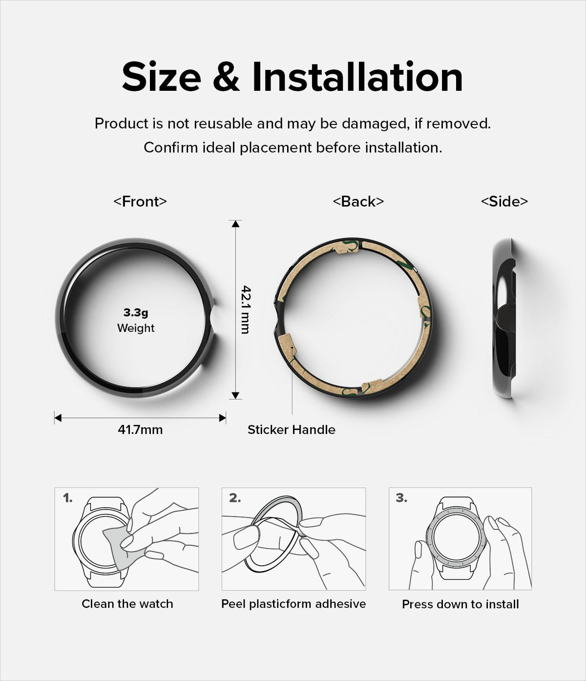 Google Pixel Watch 41mm | Bezel Styling - Dimensions, weight, and three-step installation guide for a watch bezel.