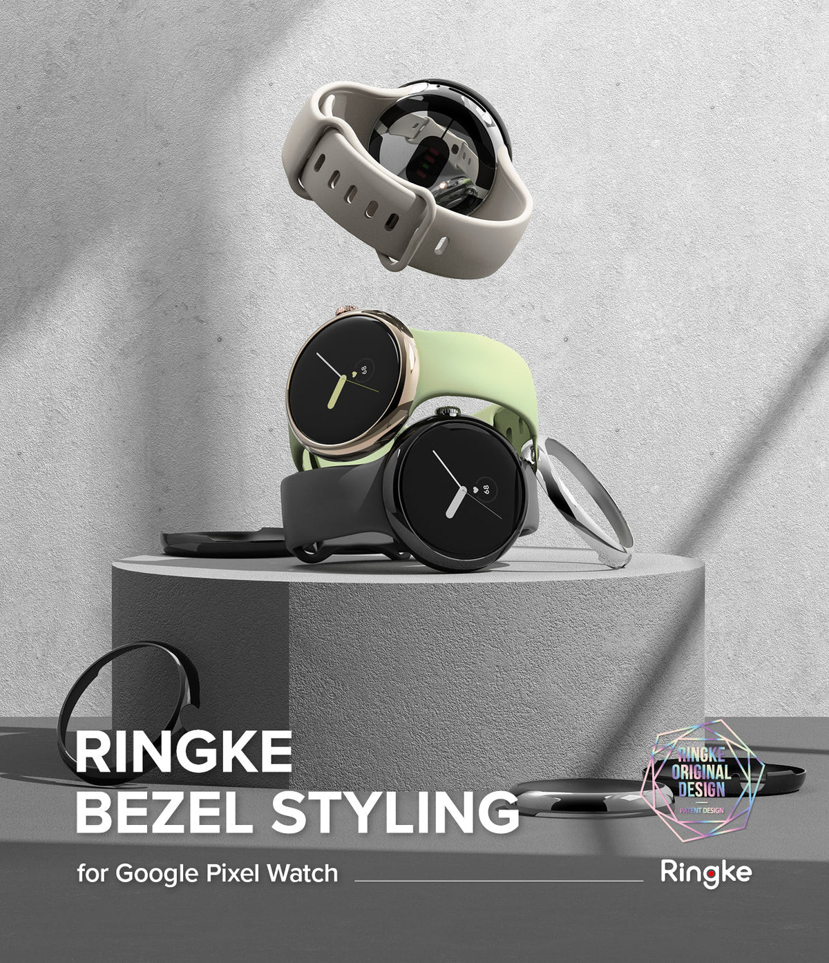 Google Pixel Watch 41mm | Bezel Styling - Three Google Pixel Watches with colorful bands and metallic bezel covers.