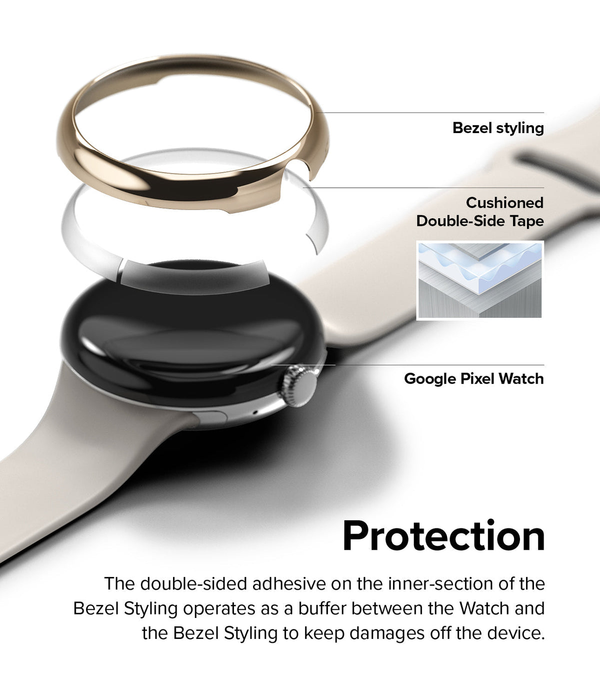 Google Pixel Watch 41mm | Bezel Styling - Exploded view of a gold bezel, adhesive ring, and Google Pixel Watch.