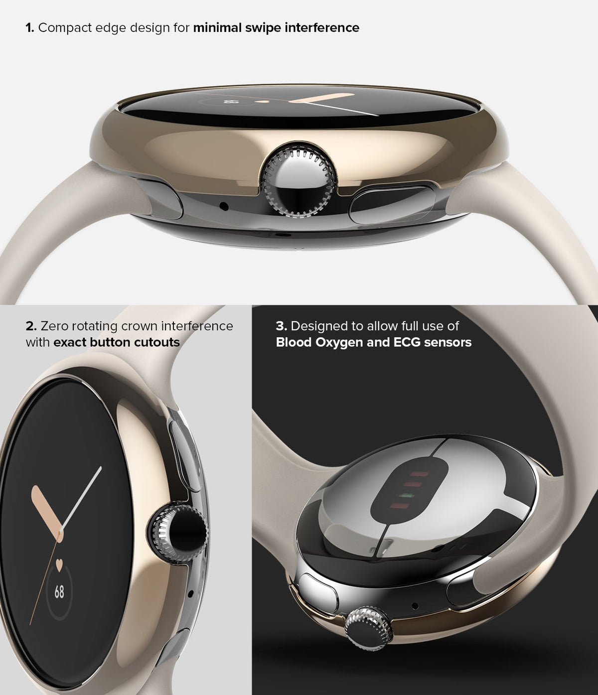 Google Pixel Watch 41mm | Bezel Styling - Close-up views of a gold watch bezel showing crown access and sensor cutouts.