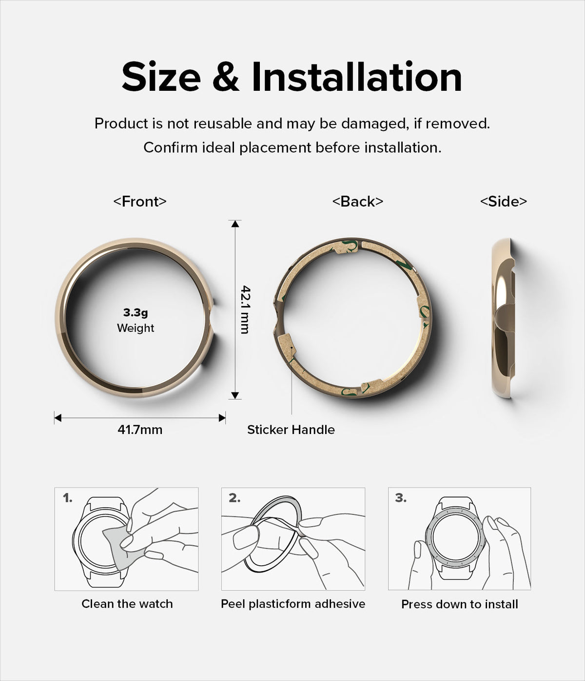 Google Pixel Watch 41mm | Bezel Styling - Diagram showing dimensions, weight, and three-step installation for a watch bezel.