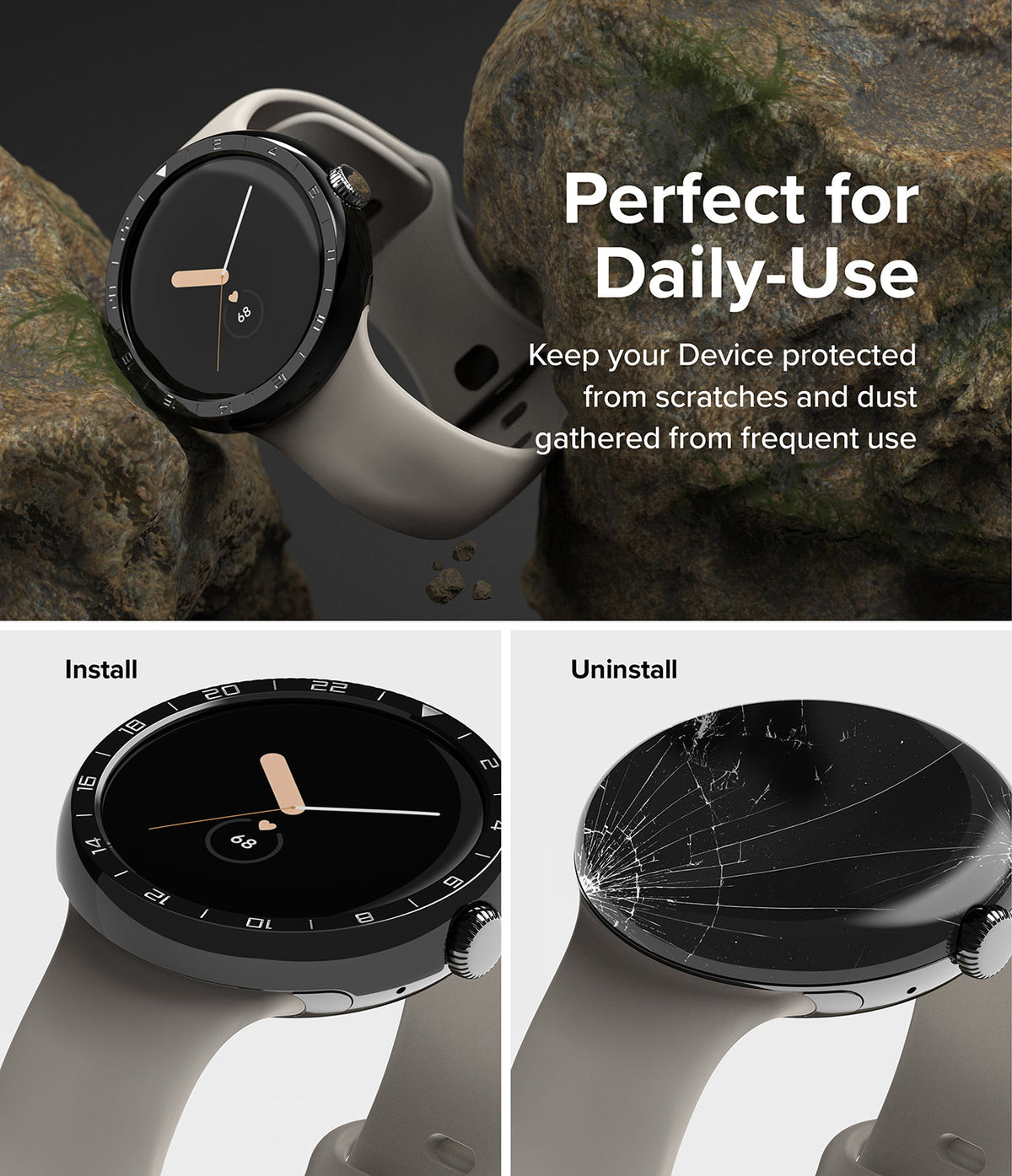Google Pixel Watch 41mm | Premium Bezel Styling - Smartwatch with protective bezel, showing installation and removal.