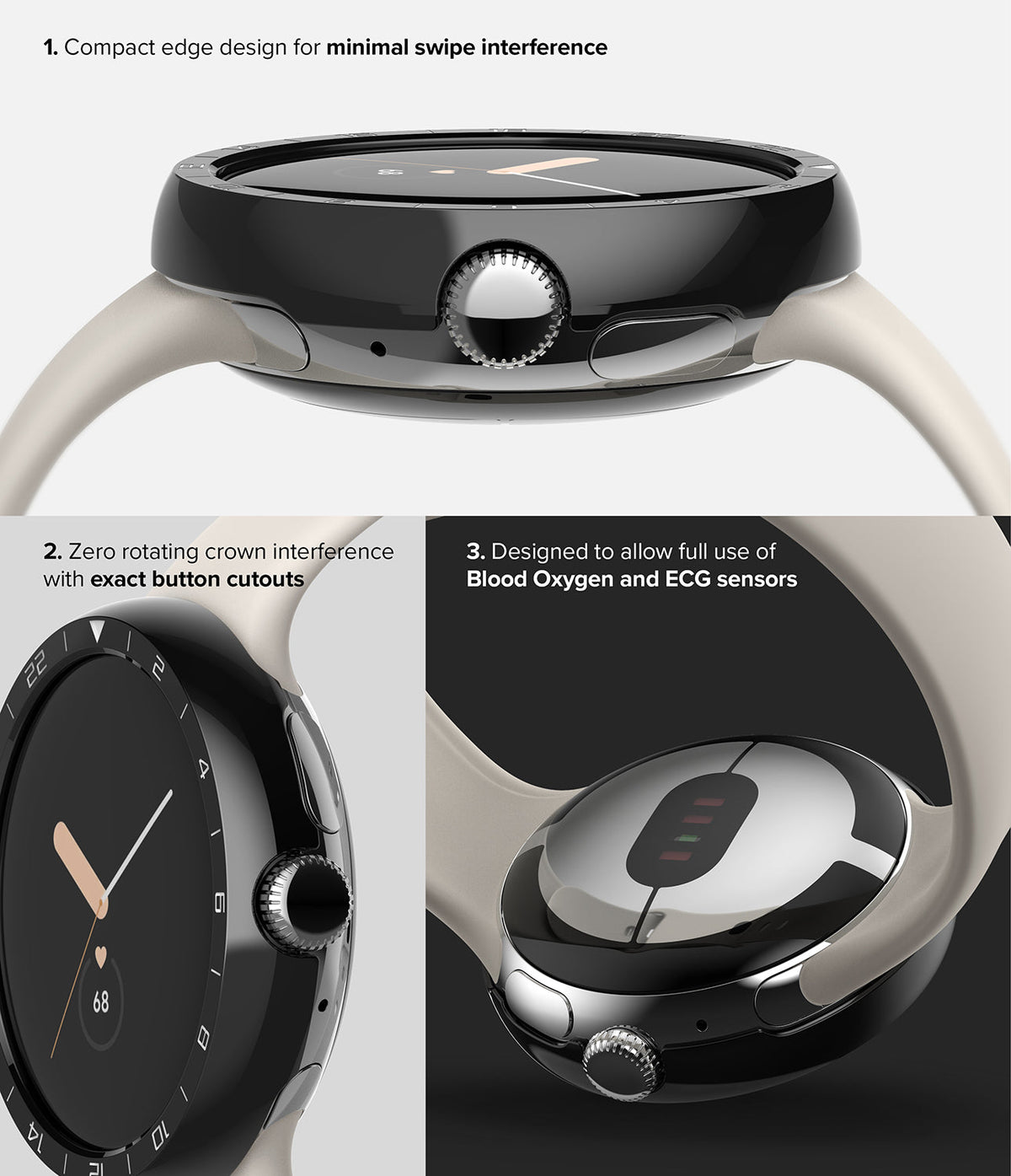 Google Pixel Watch 41mm | Premium Bezel Styling - Close-up views of a black watch bezel highlighting crown access and sensors.