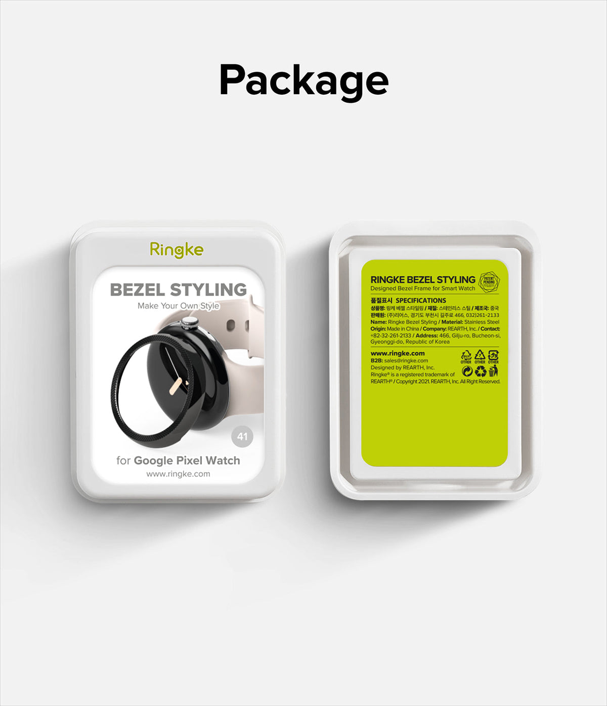 Google Pixel Watch 41mm | Premium Bezel Styling - Front and back view of Ringke bezel styling packaging for smartwatch.