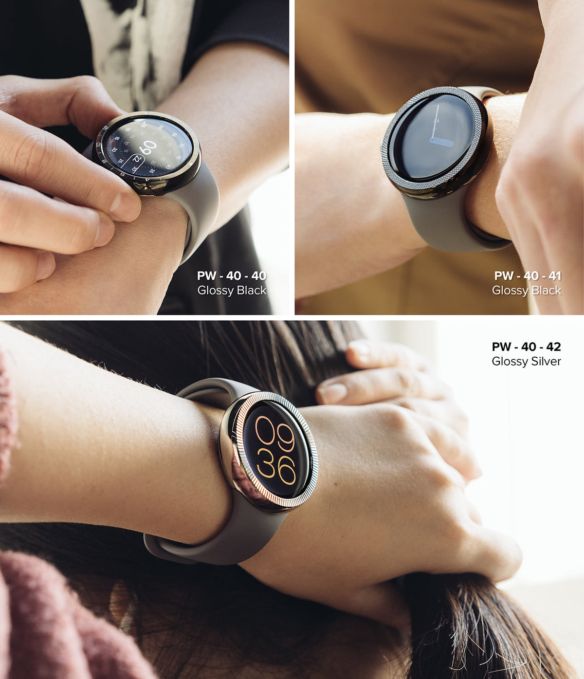 Google Pixel Watch 41mm | Premium Bezel Styling - Three views of Pixel Watches with textured glossy bezels on wrists.