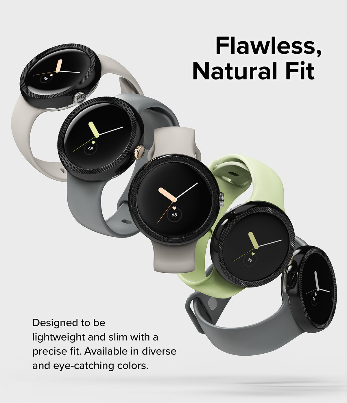 Google Pixel Watch 41mm | Premium Bezel Styling - Five Google Pixel Watches with textured bezels in various band colors.