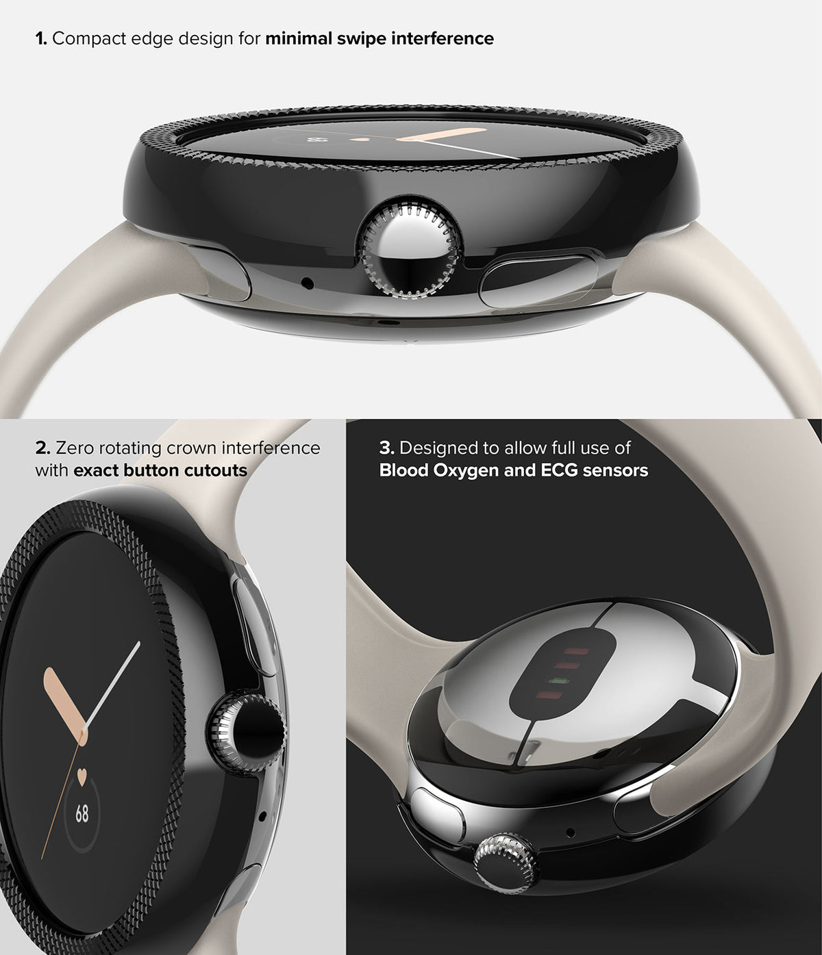 Google Pixel Watch 41mm | Premium Bezel Styling - Close-up views of a black watch bezel highlighting edge design, crown access, and sensor compatibility.