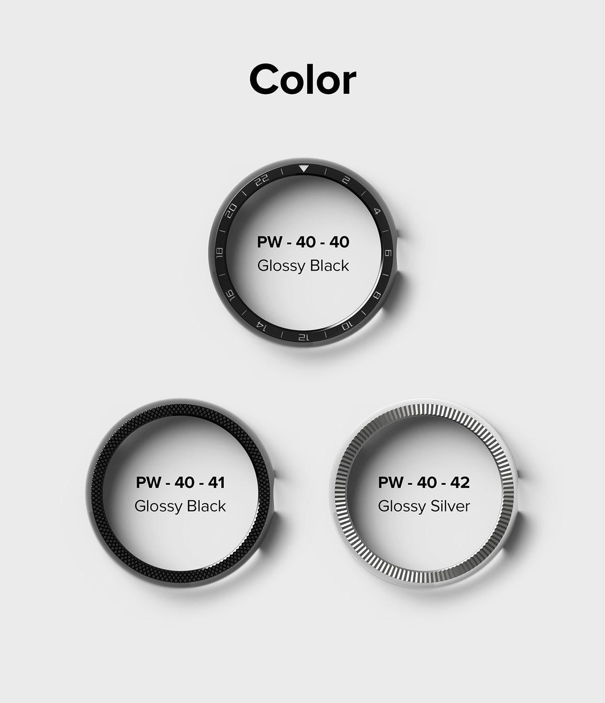 Google Pixel Watch 41mm | Premium Bezel Styling - Three circular watch bezels in Glossy Black and Glossy Silver.