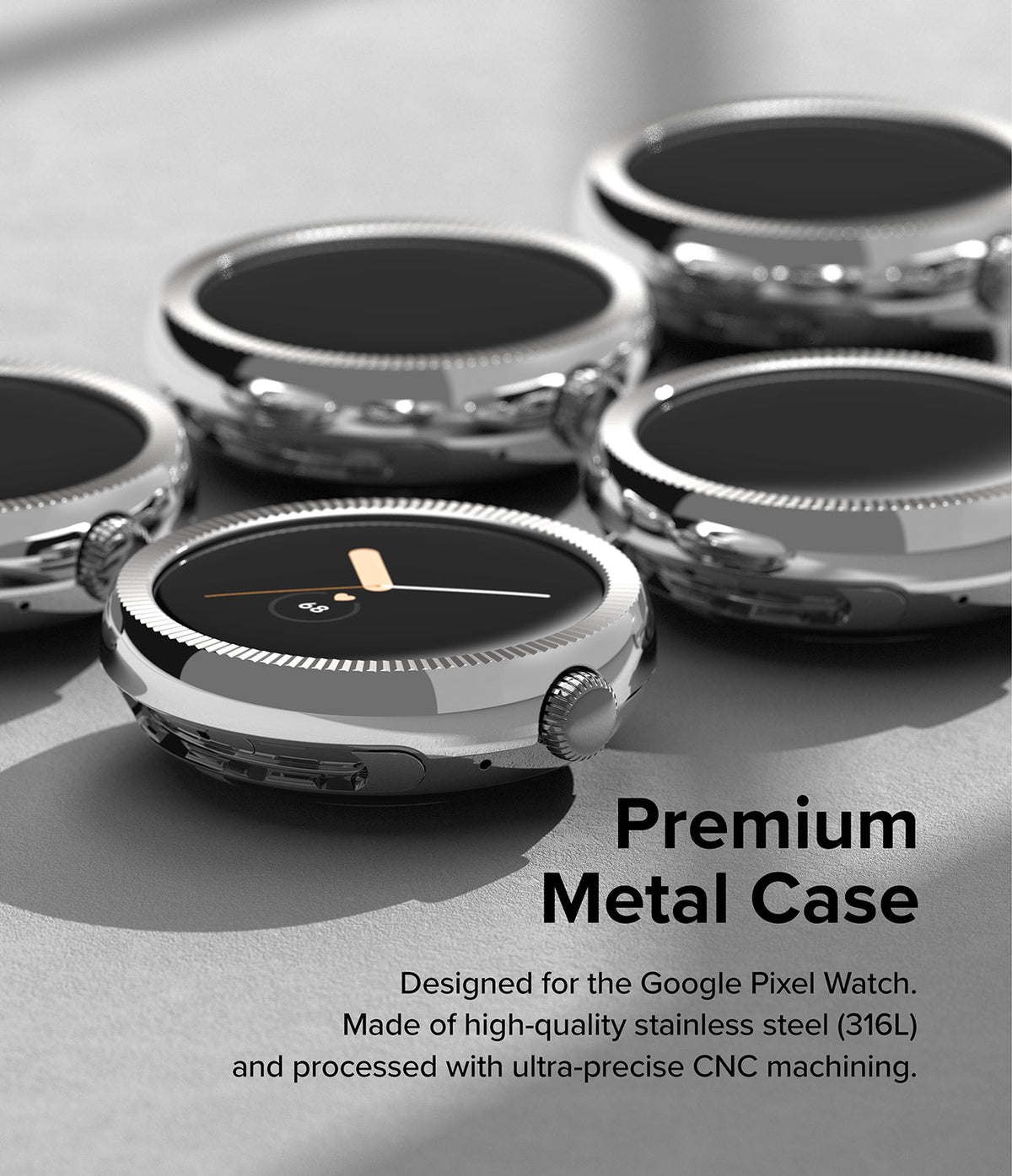 Google Pixel Watch 41mm | Premium Bezel Styling - Multiple polished stainless steel watch cases arranged on a gray surface.