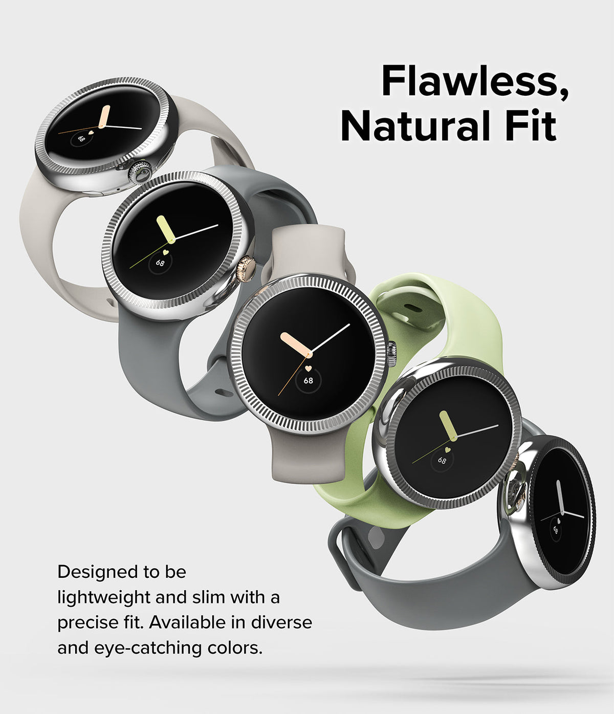Google Pixel Watch 41mm | Premium Bezel Styling - Five Google Pixel Watches with textured bezels in various colors.