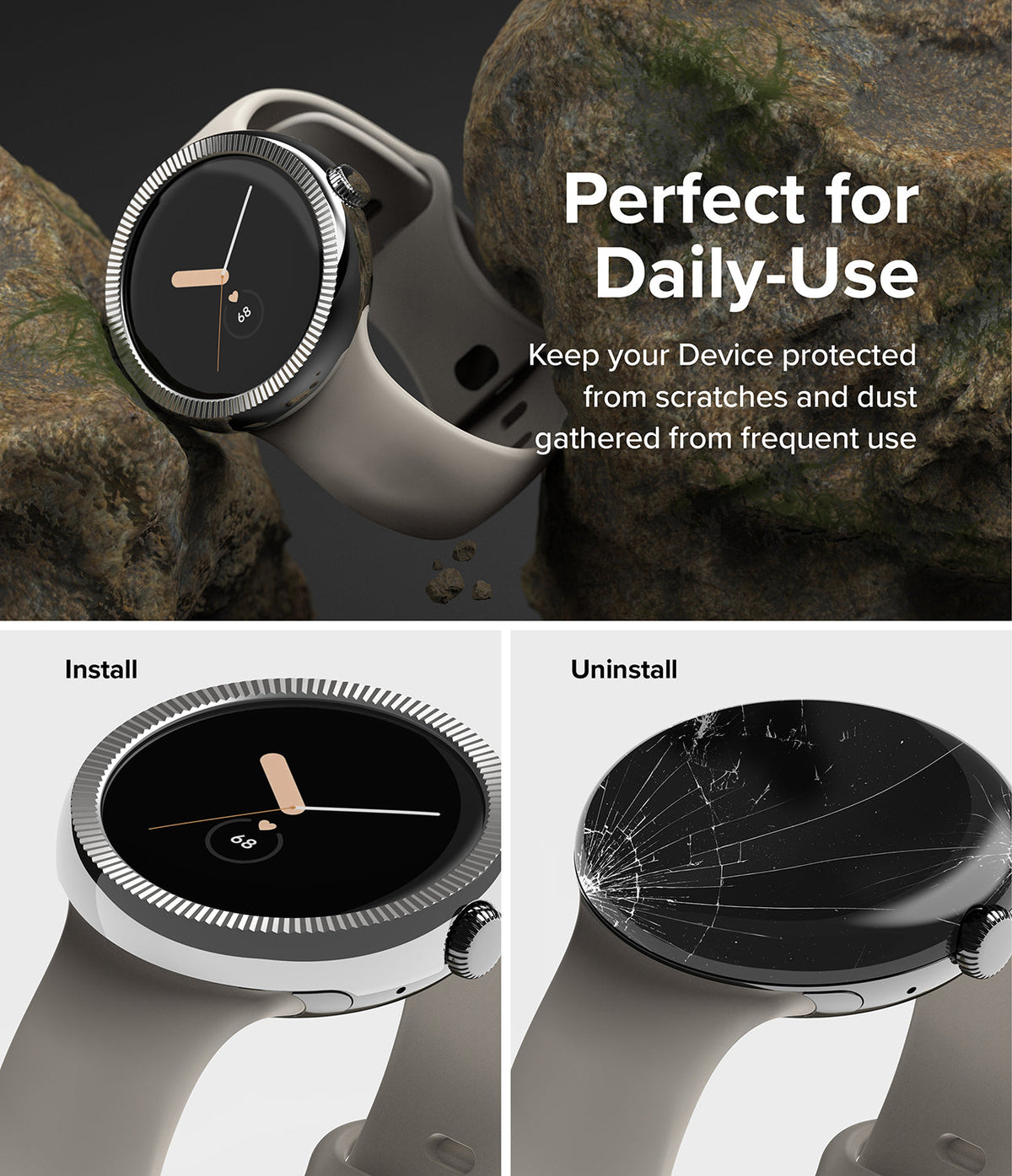 Google Pixel Watch 41mm | Premium Bezel Styling - Smartwatch with protective bezel, showing installation and removal.