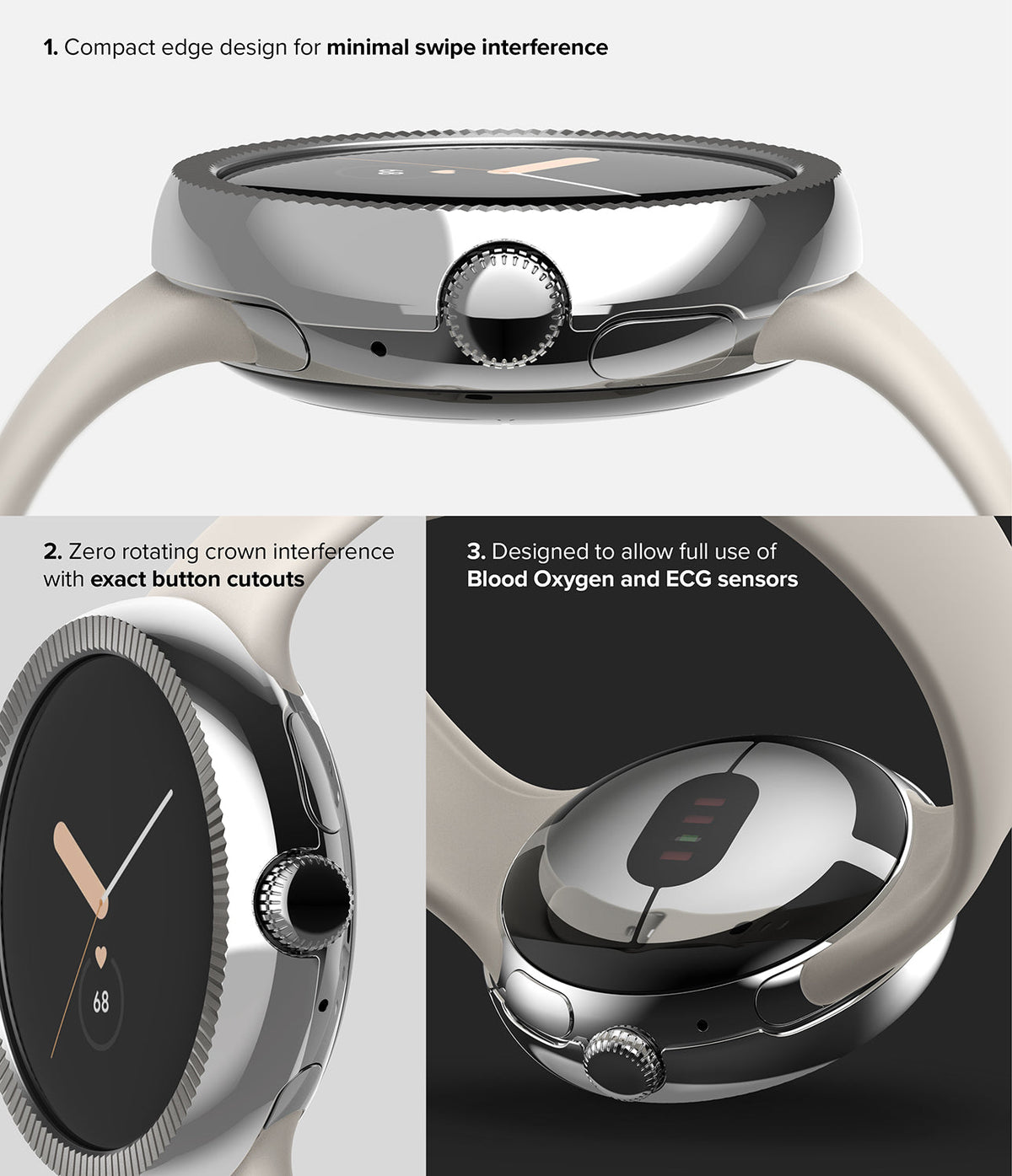 Google Pixel Watch 41mm | Premium Bezel Styling - Close-up views of a silver watch bezel highlighting design features.