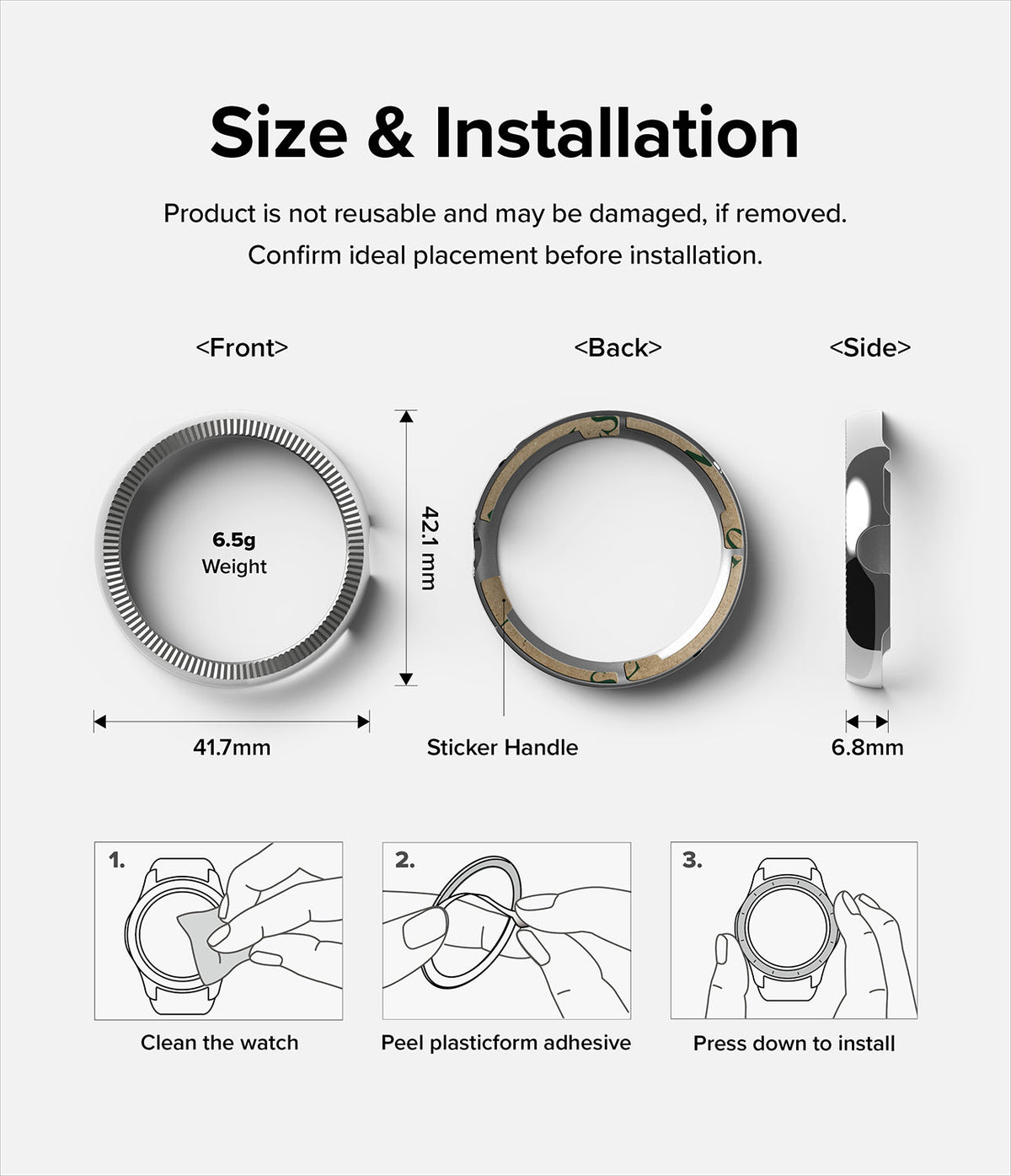 Google Pixel Watch 41mm | Premium Bezel Styling - Technical diagram showing bezel dimensions, weight, and three-step installation guide.