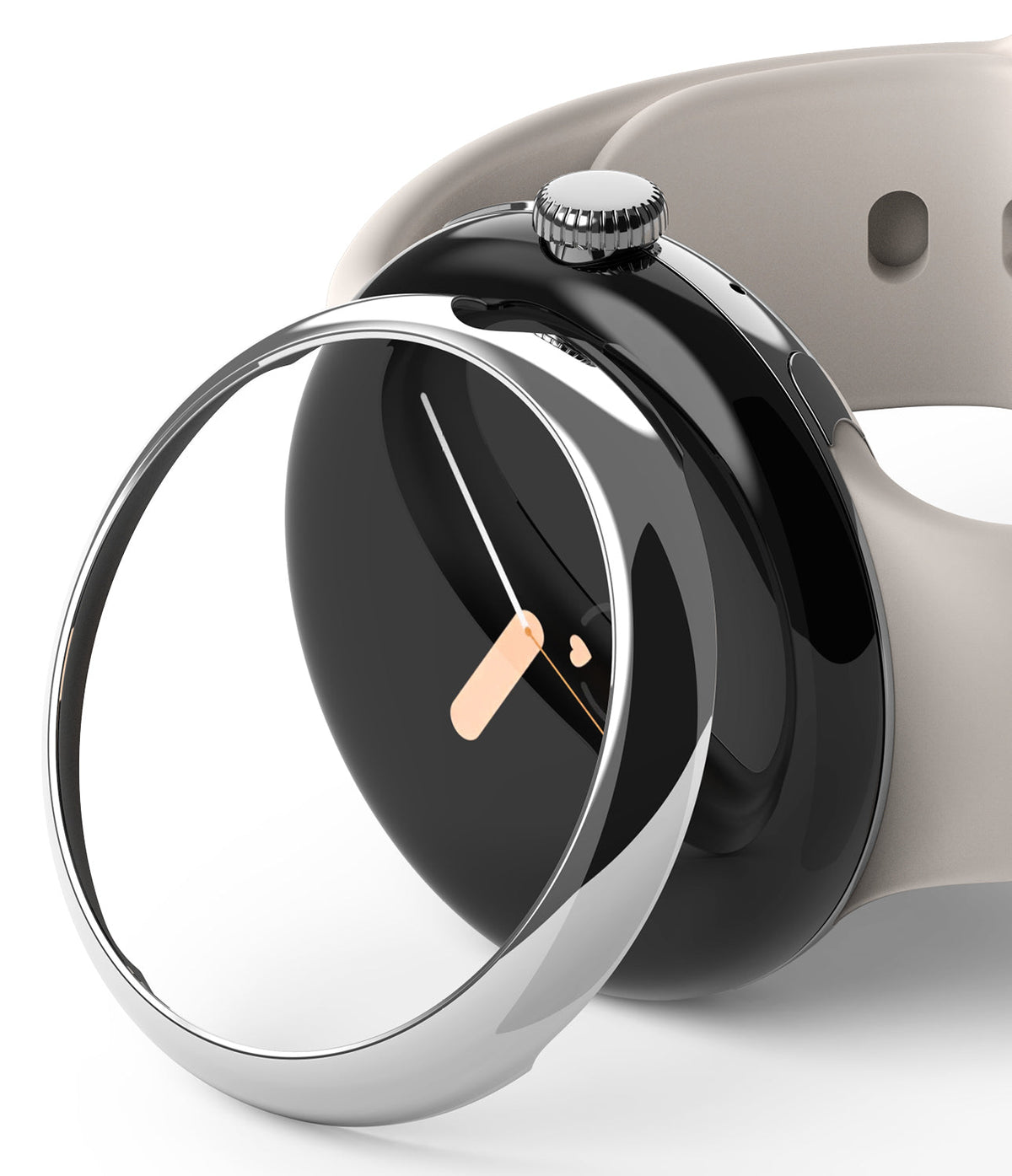 Google Pixel Watch 41mm | Bezel Styling - A silver metallic bezel ring hovering above a black Pixel Watch with a beige band.