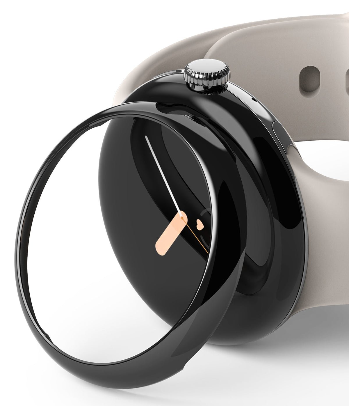 Google Pixel Watch 41mm | Bezel Styling - A glossy black protective bezel cover hovering over a black Pixel Watch.