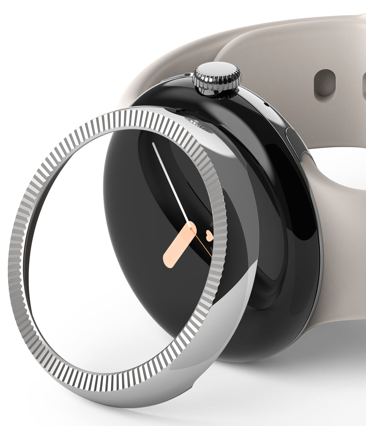 Google Pixel Watch 41mm | Premium Bezel Styling - A silver, fluted watch bezel hovering over a black Pixel Watch.