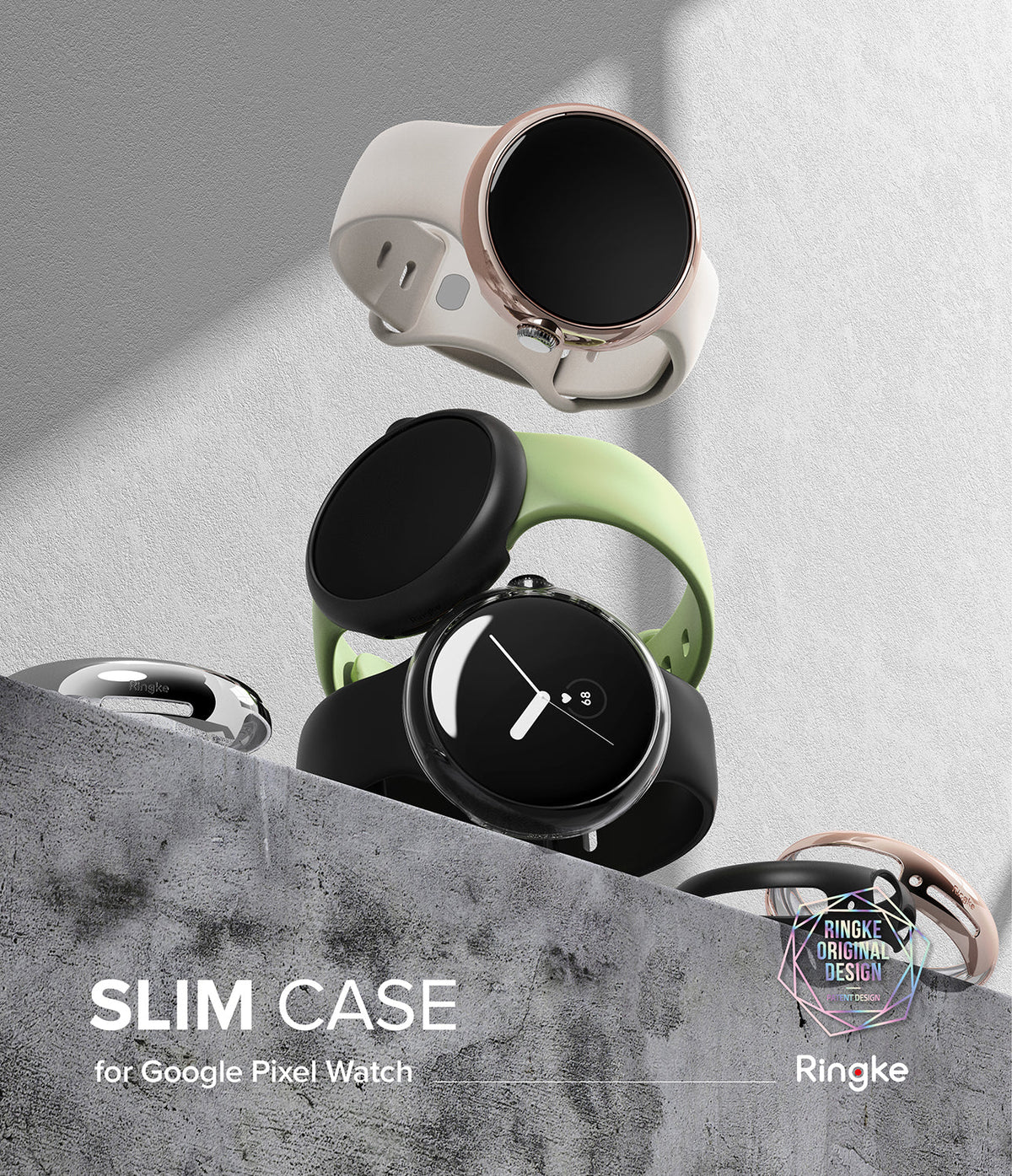Google Pixel Watch Case | Slim - Three Google Pixel Watches with different colored slim cases floating above a stone ledge.