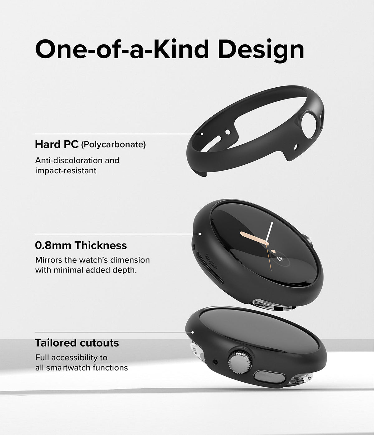 Google Pixel Watch Case | Slim - Infographic showing the slim black polycarbonate case features, thickness, and cutouts.