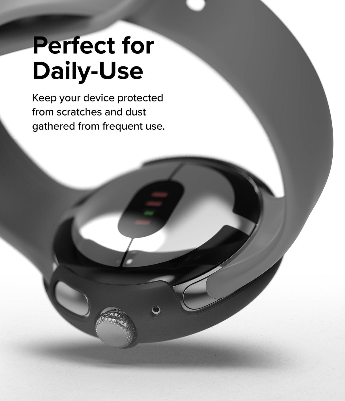 Google Pixel Watch Case | Slim - Close-up of a black protective case on a Pixel Watch with text about daily-use protection.