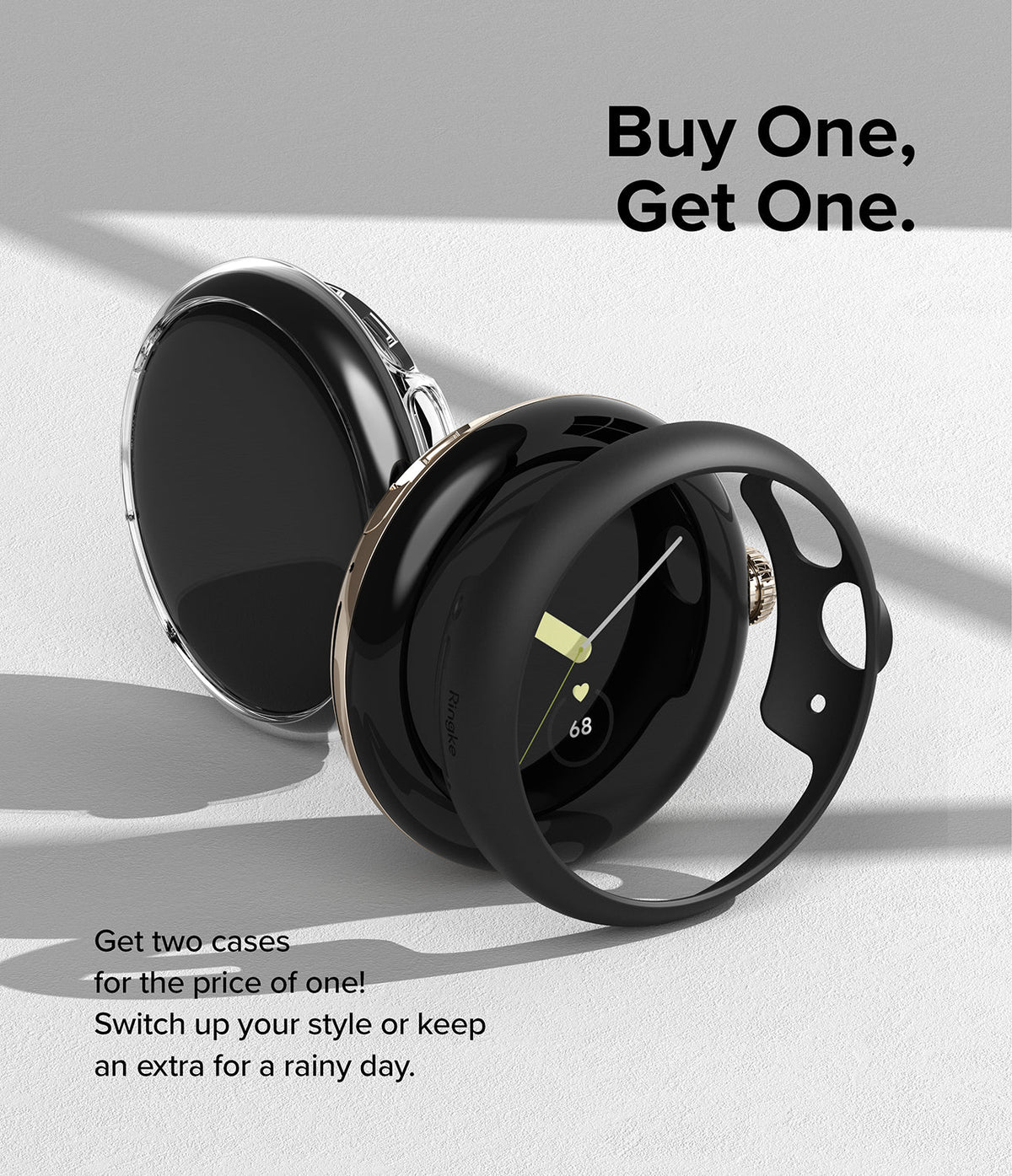 Google Pixel Watch Case | Slim - Two slim protective cases for Google Pixel Watch, one clear and one black, on a white surface.