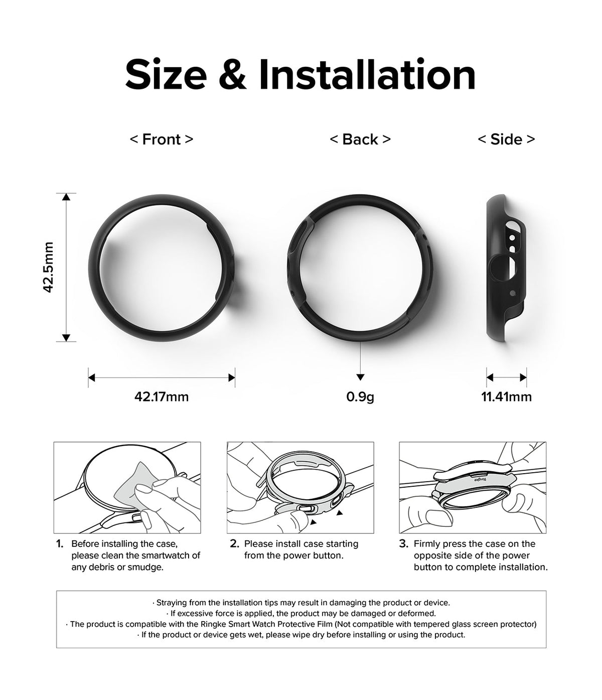 Google Pixel Watch Case | Slim - Technical diagram showing dimensions, weight, and three-step installation instructions.