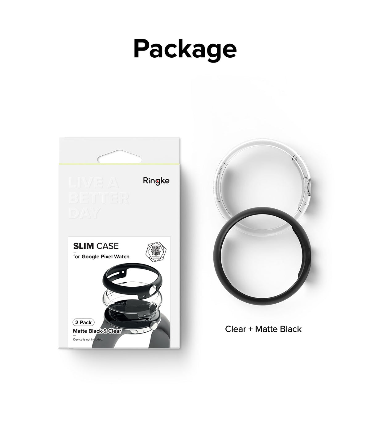 Google Pixel Watch Case | Slim - Retail packaging for a 2-pack of clear and matte black slim watch cases.