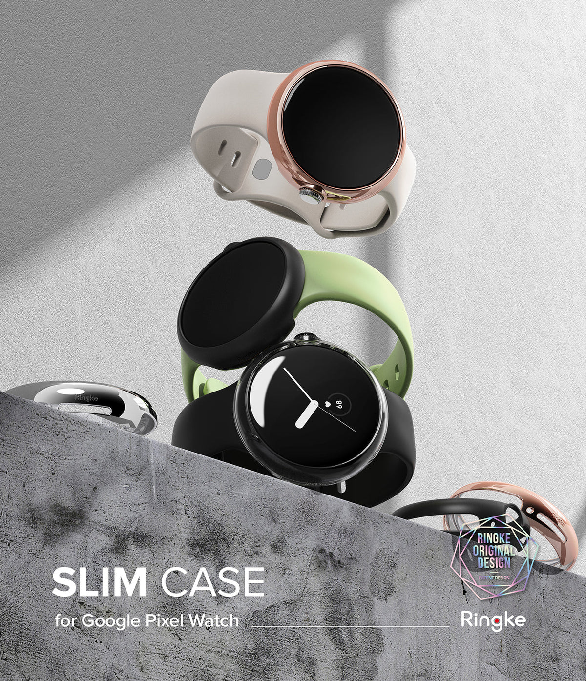 Google Pixel Watch Case | Slim - Three Google Pixel Watches with various colored slim cases stacked on a concrete ledge.