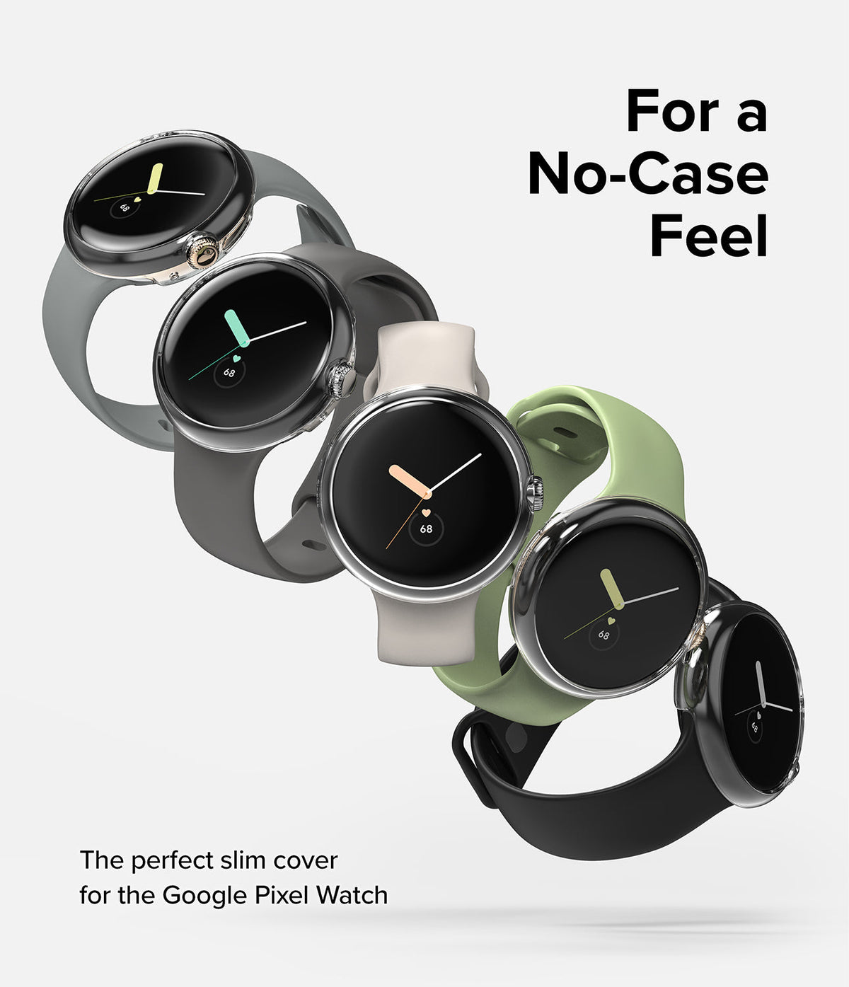 Google Pixel Watch Case | Slim - Five Google Pixel Watches with clear slim cases and various colored bands arranged diagonally.