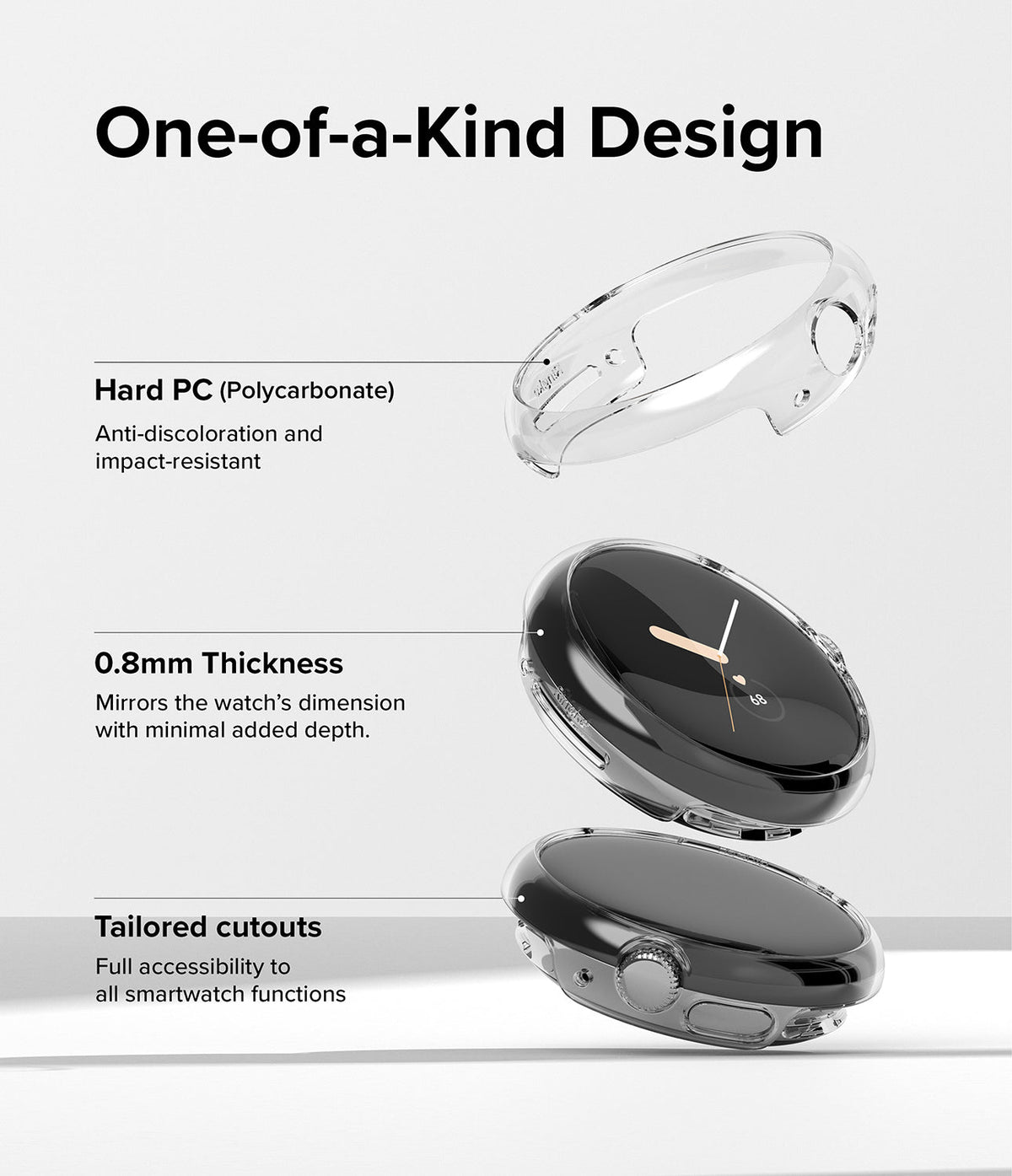 Google Pixel Watch Case | Slim - Exploded view of a clear watch case highlighting polycarbonate material and fit.