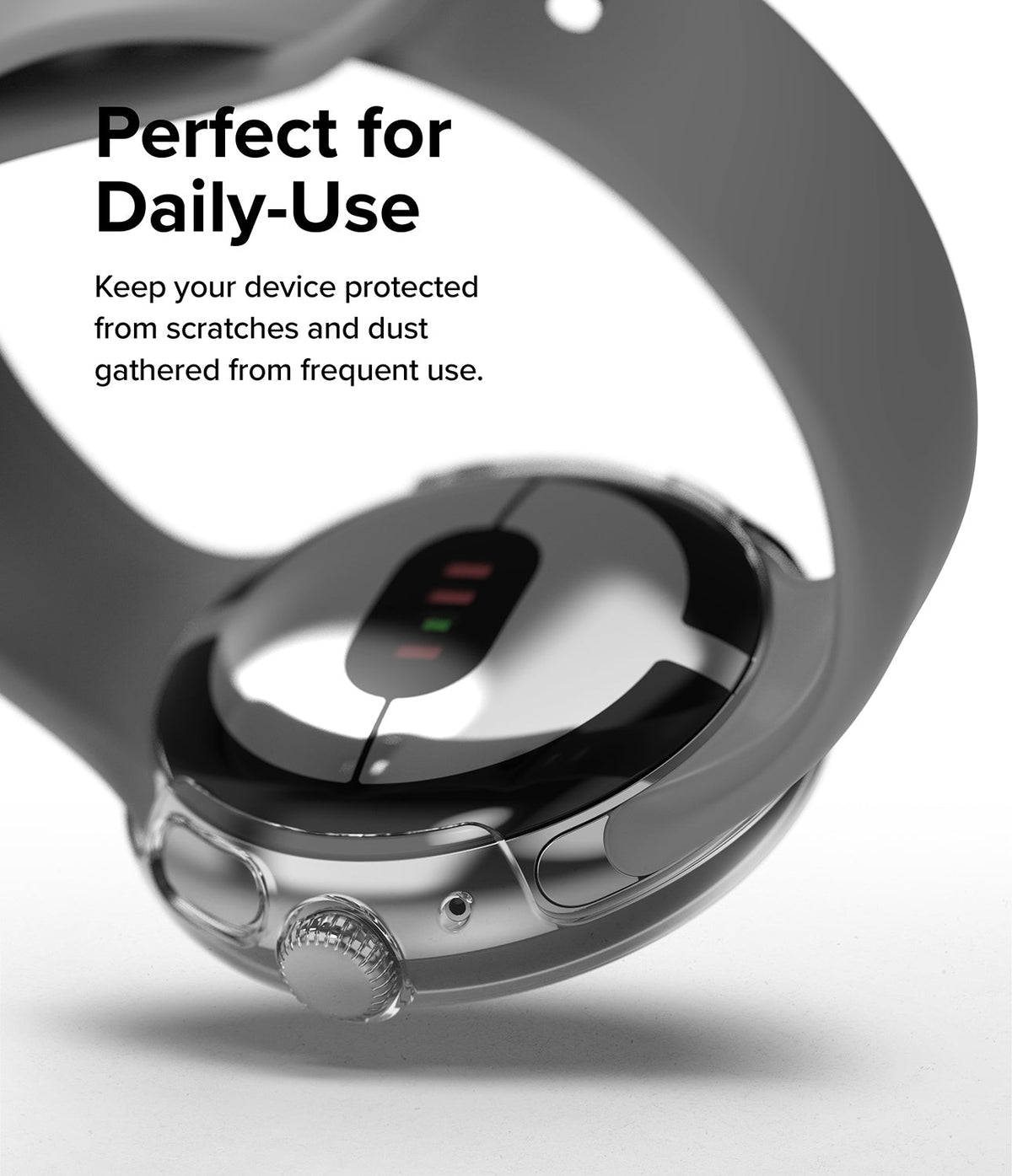Google Pixel Watch Case | Slim - Clear protective case on a Google Pixel Watch showing the crown and sensor back.